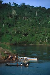 Habitants Aguaruna embarquant du bois sur le fleuve Cenepa